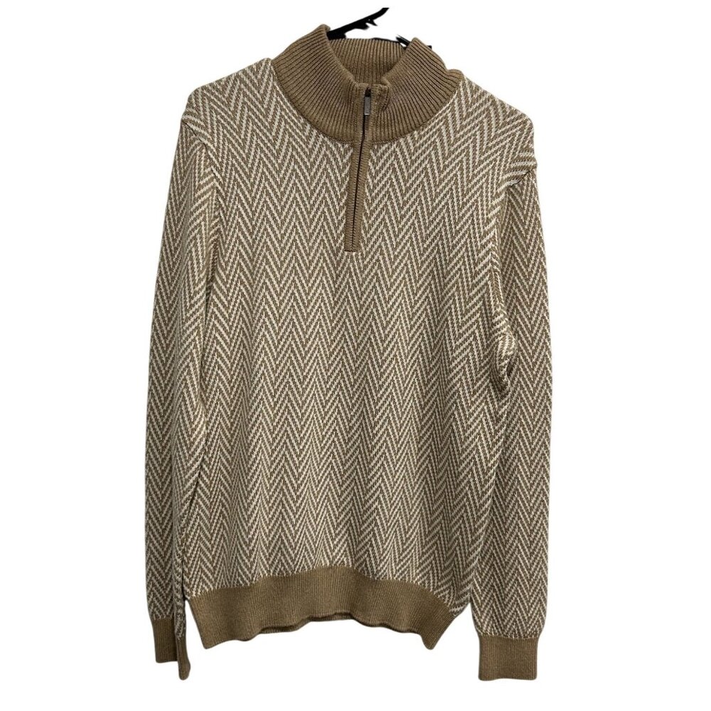 Perry Ellis Mens Beige & White Herringbone Quarter-Zip Sweater Sz Medium